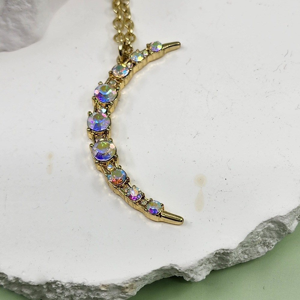 Heidi Daus Aurora Borealis Rhinestone Crescent Moon Pendant Necklace Gold Tone